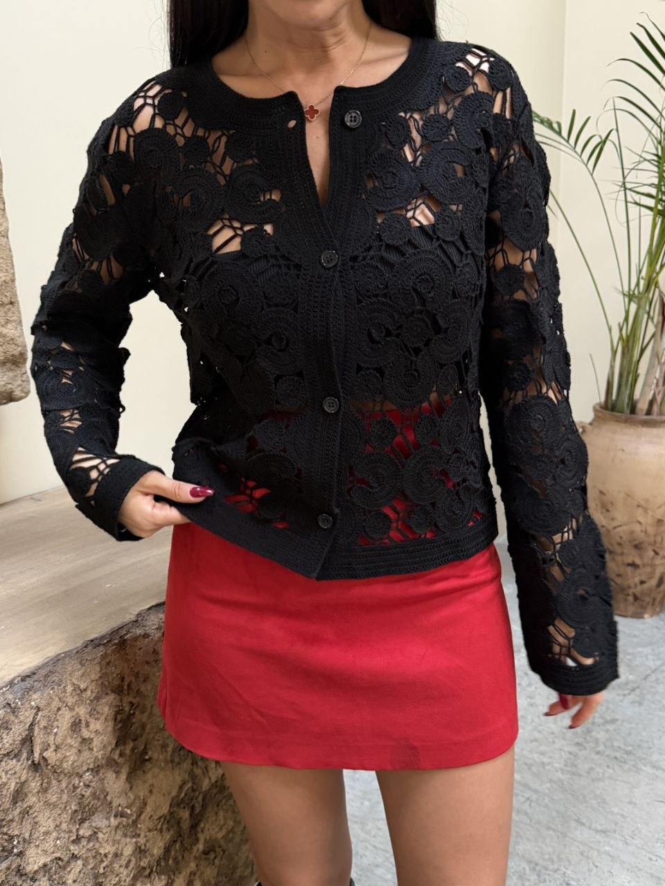 Spiral Nakışlı Dantel Hırka (Siyah - Beyaz - Gri)