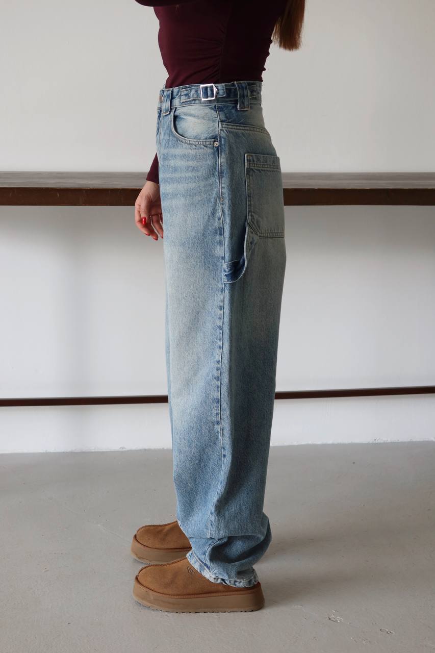 Retro Yıkamalı Carpenter Denim Pantolon - Vintage Blue Baggy Jean