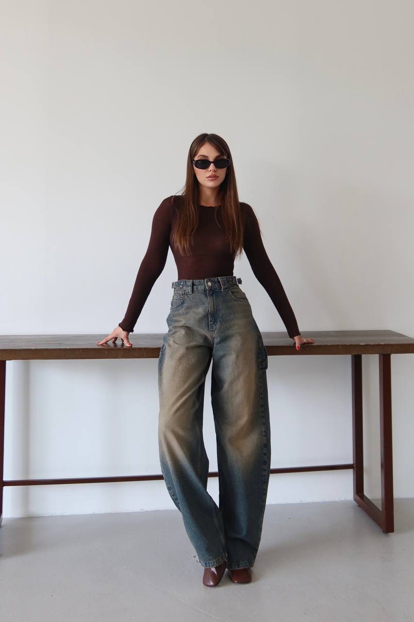 Retro Yıkamalı Koyu Mavi Baggy Jean - Yan Cep Detaylı Denim