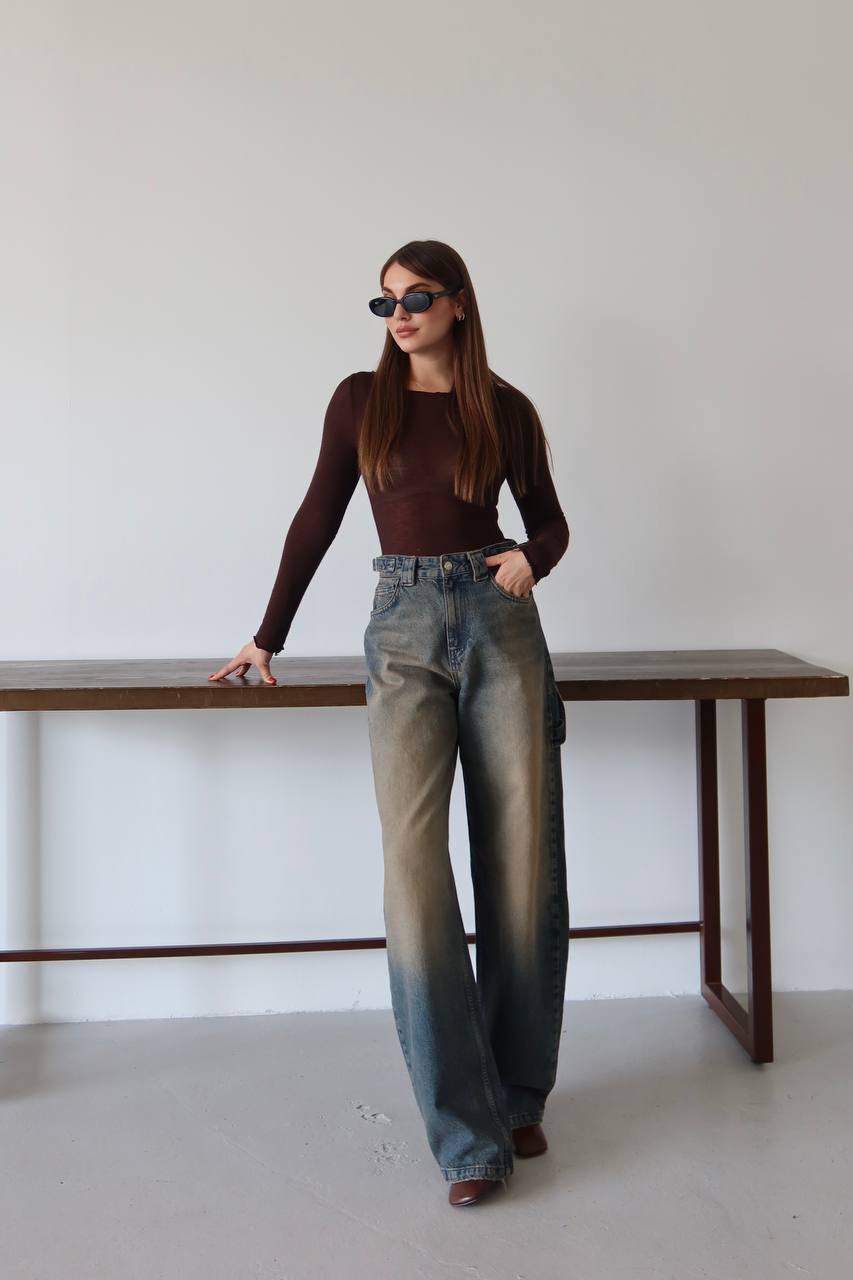 Retro Yıkamalı Koyu Mavi Baggy Jean - Yan Cep Detaylı Denim