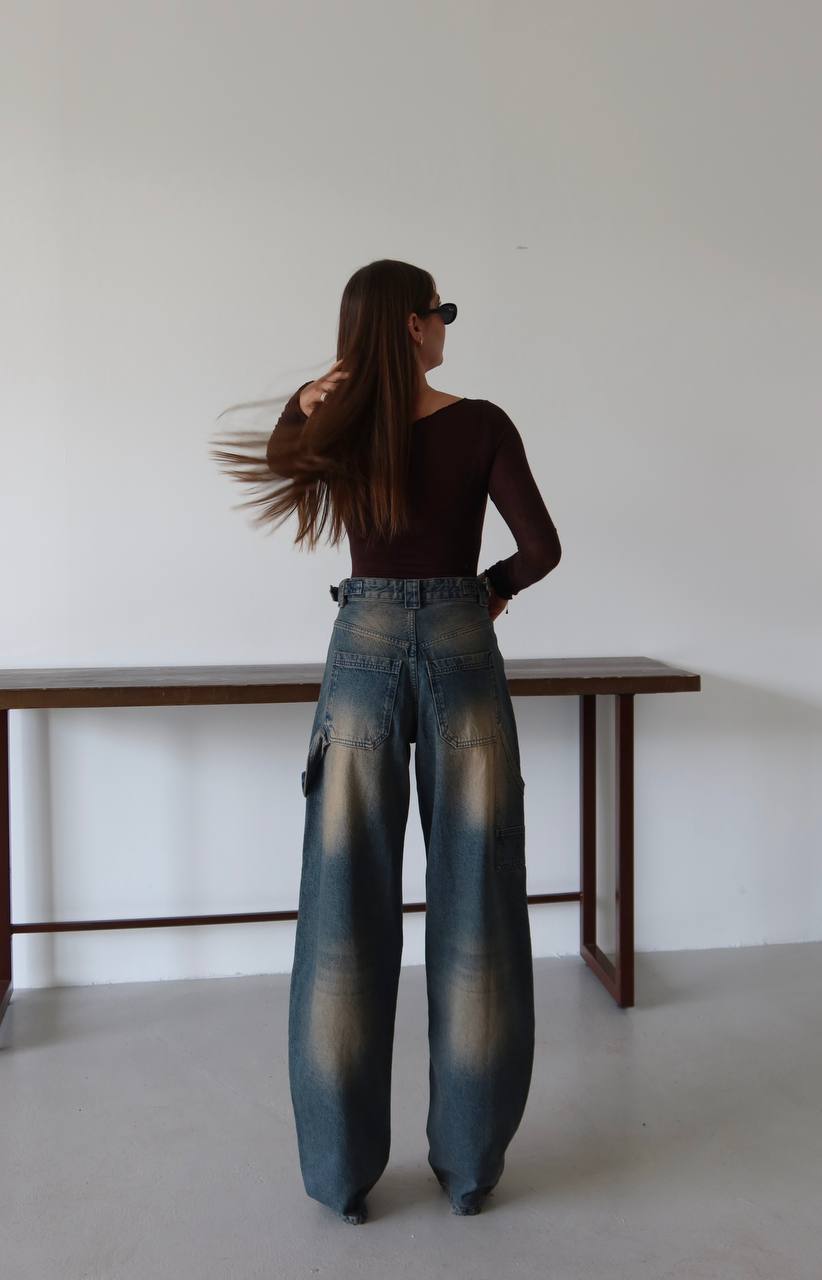 Retro Yıkamalı Koyu Mavi Baggy Jean - Yan Cep Detaylı Denim