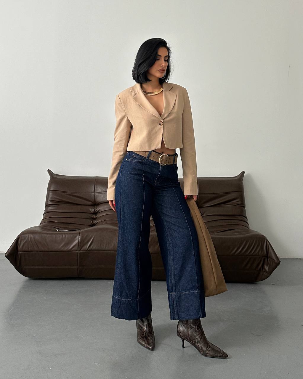 Koyu İndigo Önü Çıma Dikişli Wide Leg Jean Pantolon