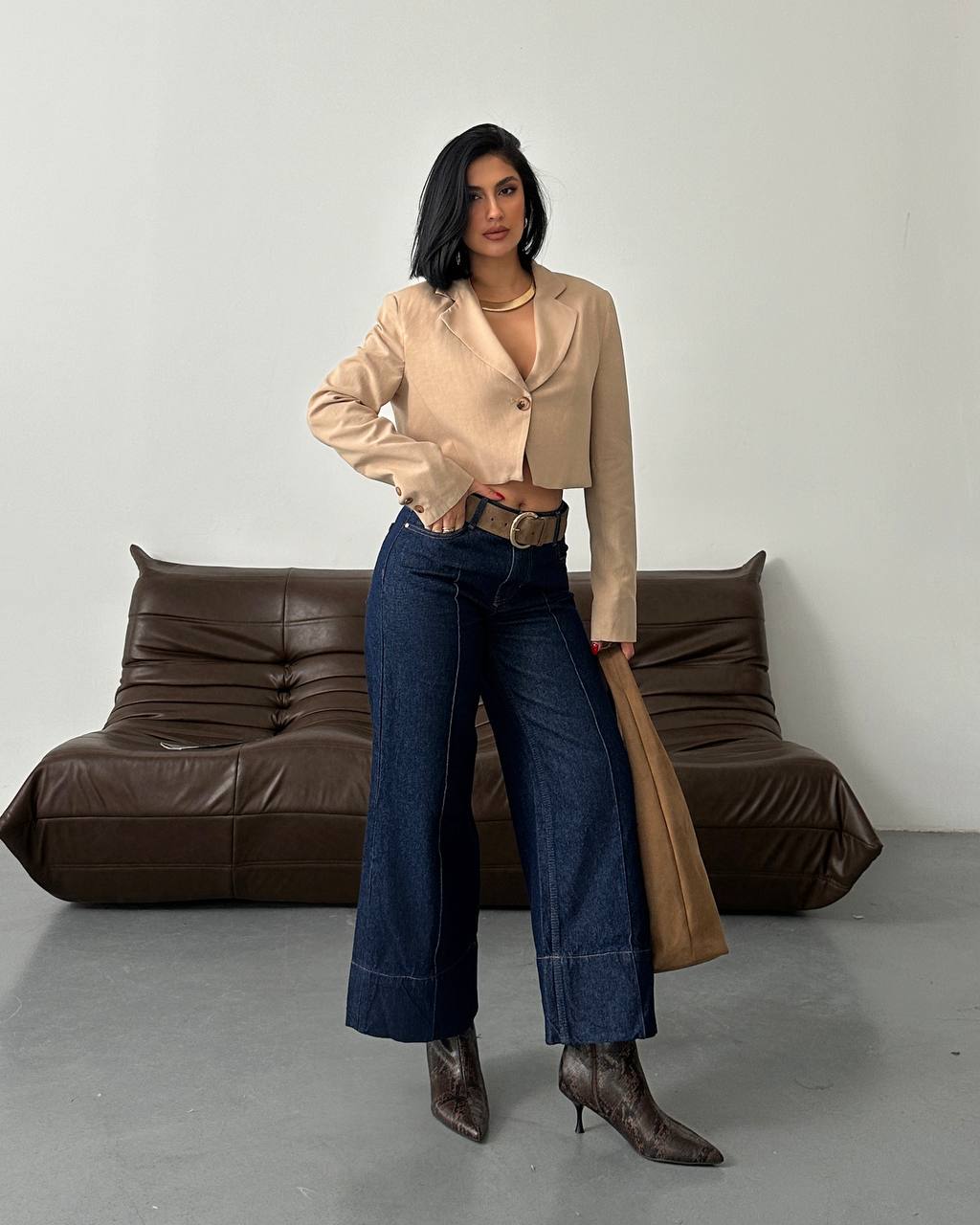 Koyu İndigo Önü Çıma Dikişli Wide Leg Jean Pantolon