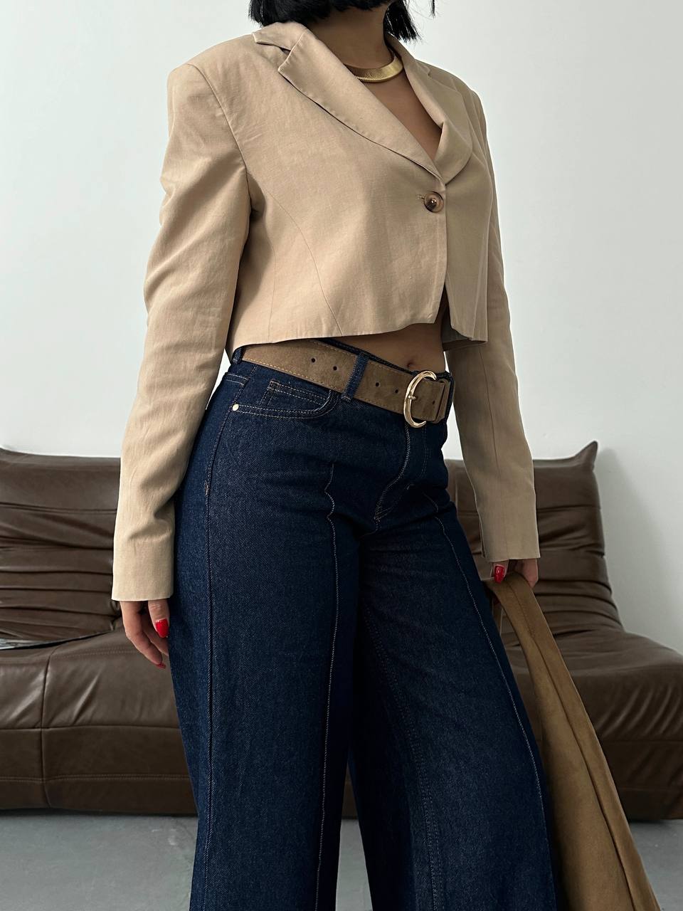 Koyu İndigo Önü Çıma Dikişli Wide Leg Jean Pantolon