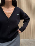 Kadın Siyah V Yaka Nakış Logolu Düğmeli Triko Hırka