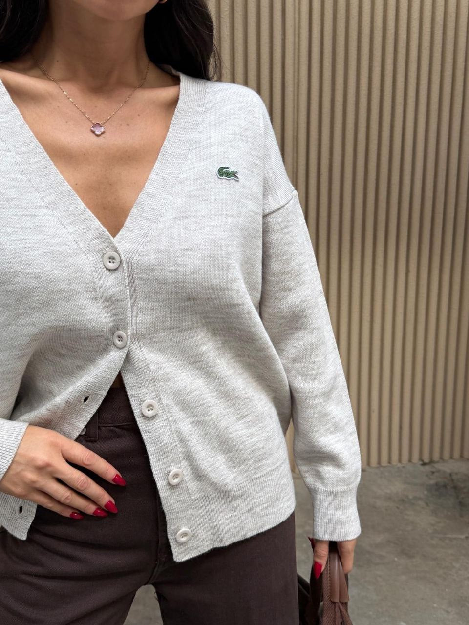 Kadın Taş Rengi Melanj V Yaka Nakışlı Triko Hırka