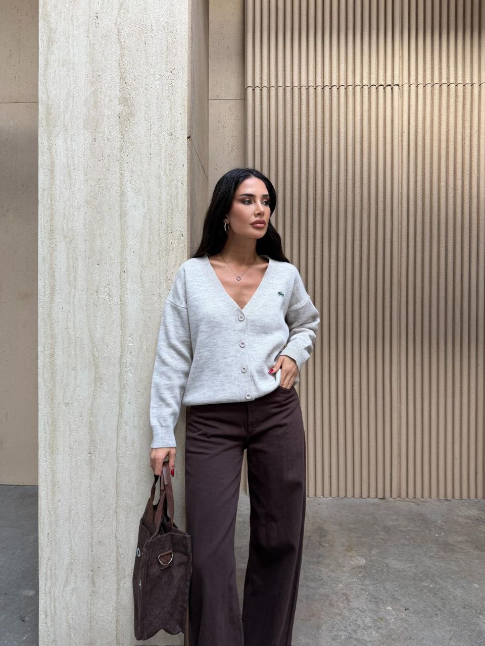 Kadın Taş Rengi Melanj V Yaka Nakışlı Triko Hırka