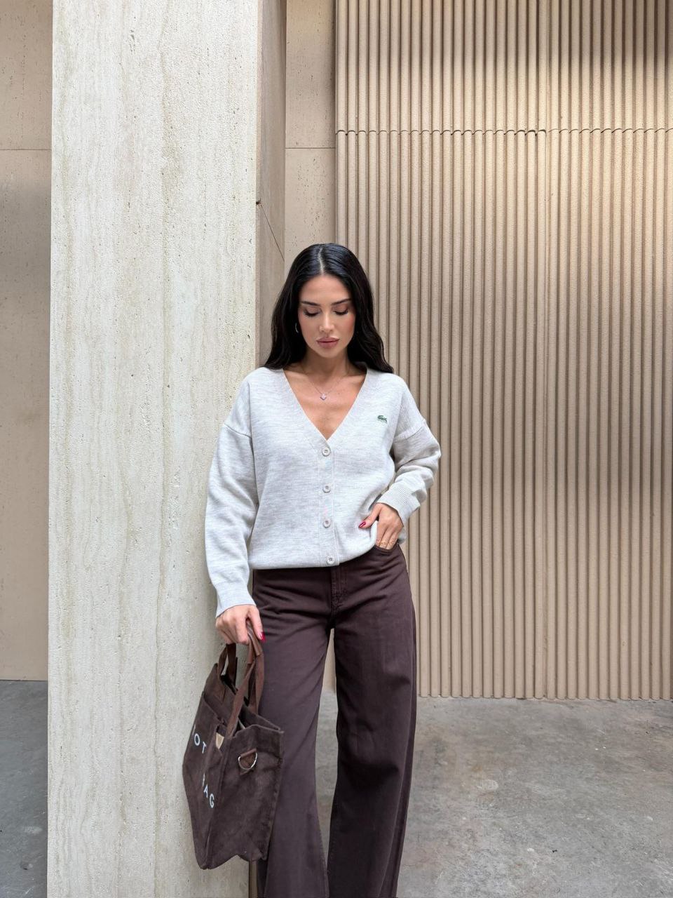 Kadın Taş Rengi Melanj V Yaka Nakışlı Triko Hırka