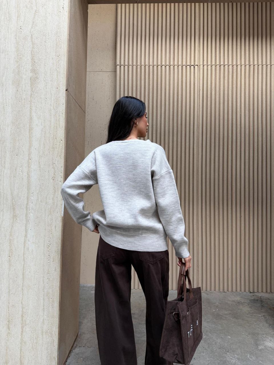 Kadın Taş Rengi Melanj V Yaka Nakışlı Triko Hırka