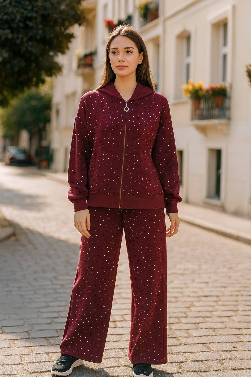 Oysho İnterlok Kumaş Taş Detaylı İkili Takım - Bordo