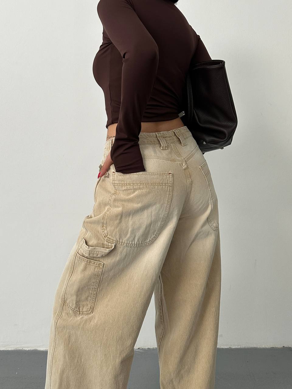 Bej Kargo Detaylı Wide Leg Bol Paça Kadın Jean Pantolon