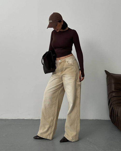 Bej Kargo Detaylı Wide Leg Bol Paça Kadın Jean Pantolon