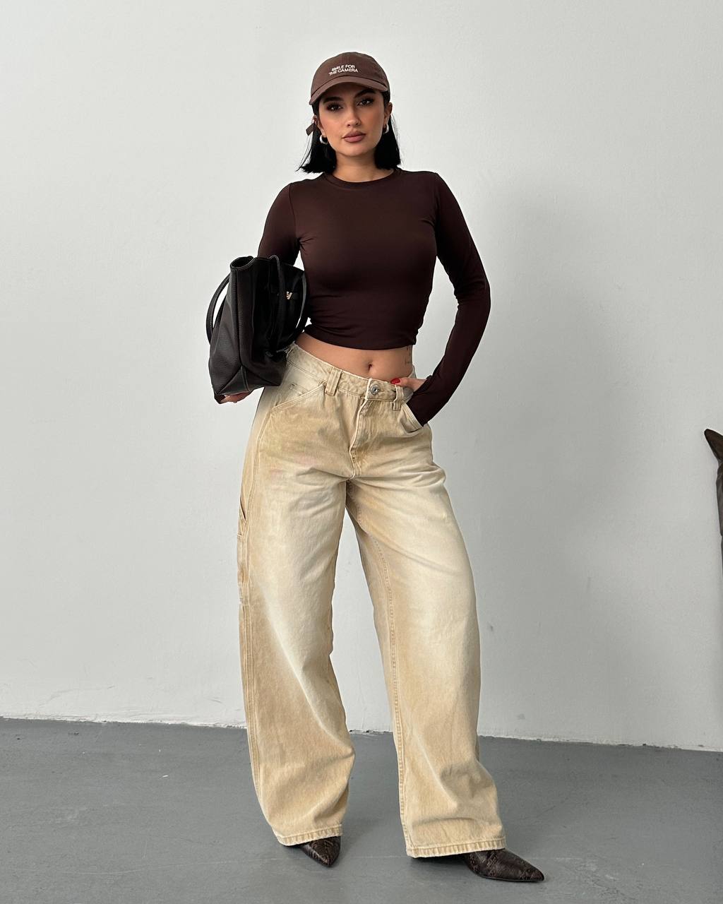 Bej Kargo Detaylı Wide Leg Bol Paça Kadın Jean Pantolon