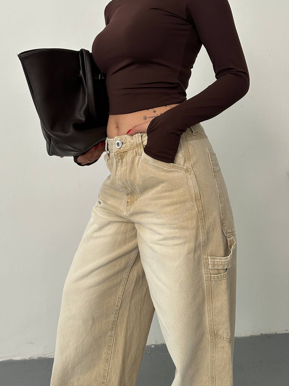 Bej Kargo Detaylı Wide Leg Bol Paça Kadın Jean Pantolon