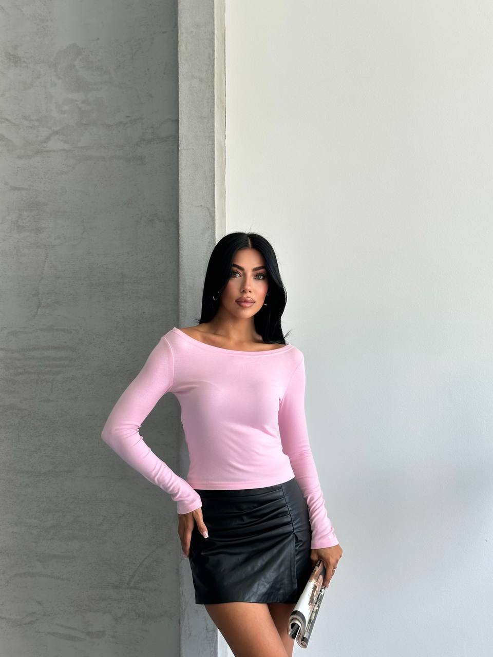 Kayık Yaka Uzun Kollu Vücudu Saran Esnek Bluz - Bebek Pembesi