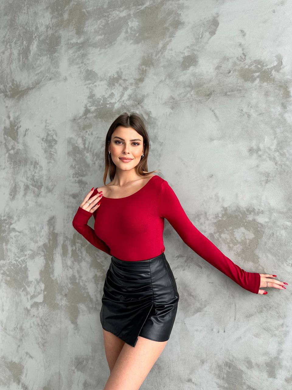 Kadın Vişne Çürüğü Kayık Yaka Uzun Kollu Body Bluz - Esnek Örme Kumaş