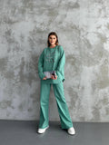 Kadın Mint Yeşili Taş İşlemeli Oversize Sweatshirt ve Geniş Paça Pantolon İkili Takım