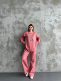 Kadın Pembe Taş İşlemeli Oversize Sweatshirt ve Geniş Paça Pantolon İkili Takım