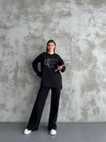 Kadın Siyah Taş İşlemeli Oversize Sweatshirt ve Geniş Paça Pantolon İkili Takım