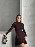 Acı Kahve Yarım Balıkçı Yaka Uzun Kollu Mini Elbise