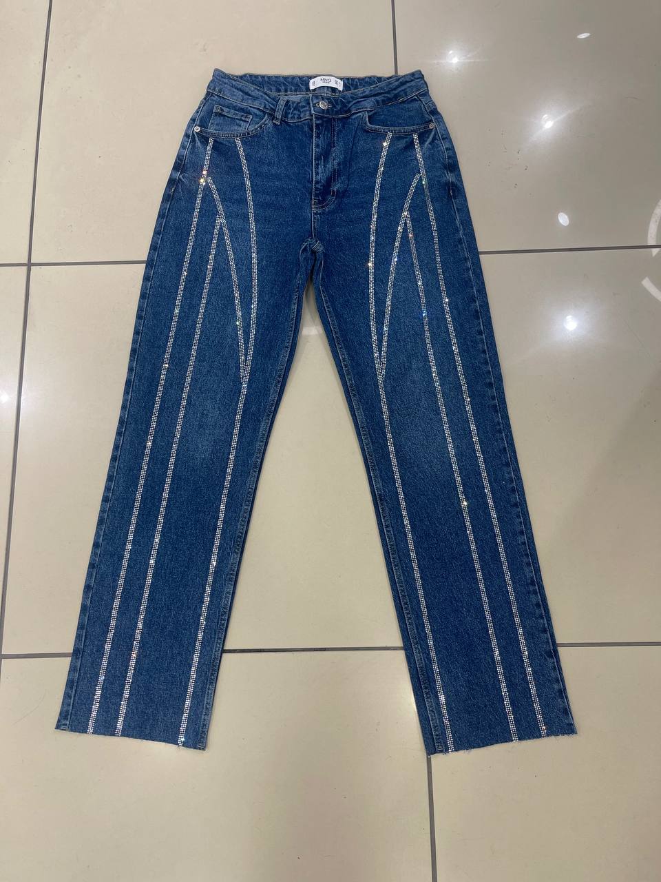 Yüksek Bel Taş İşlemeli Geometrik Şeritli Jean Kot Pantolon - Mavi