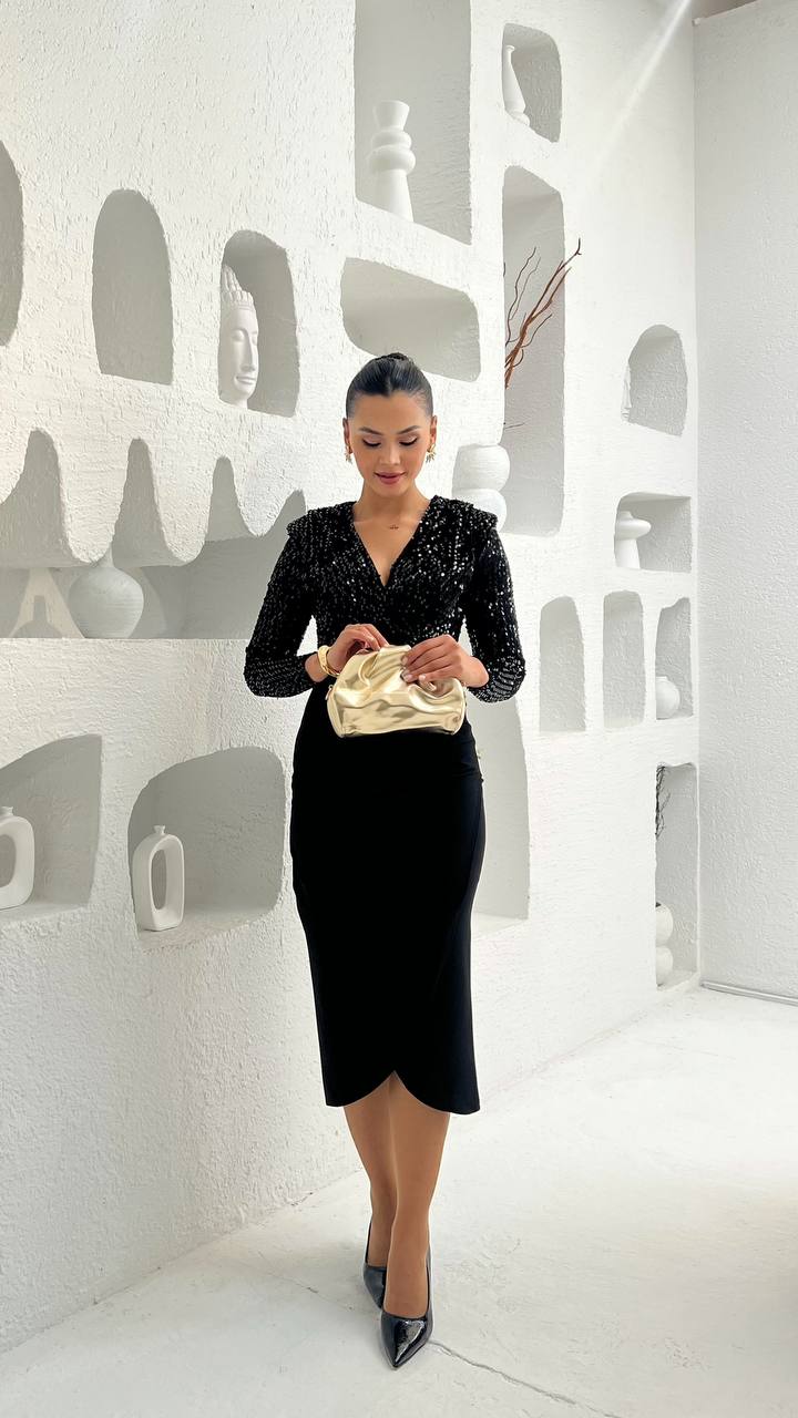 Siyah Payetli Drapeli Midi Boy Abiye Elbise