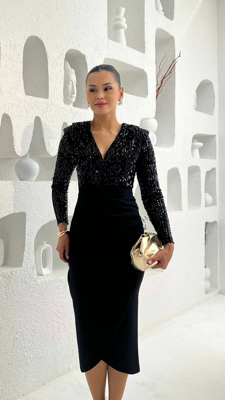 Siyah Payetli Drapeli Midi Boy Abiye Elbise