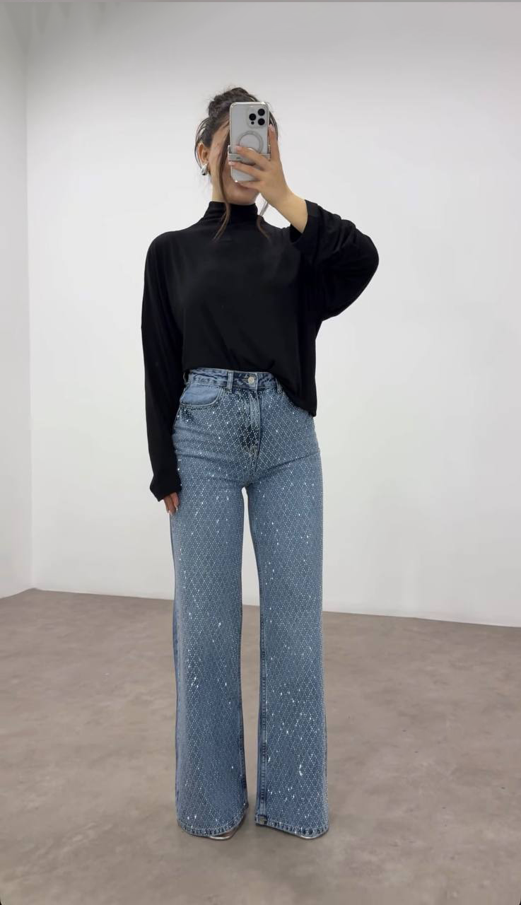 Yüksek Bel Kristal Taş İşlemeli Geniş Paça Jean Pantolon - Açık Mavi