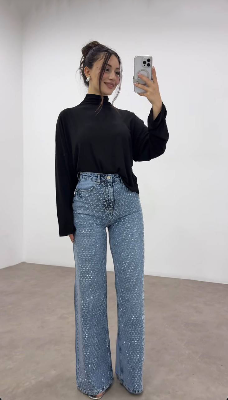 Yüksek Bel Kristal Taş İşlemeli Geniş Paça Jean Pantolon - Açık Mavi