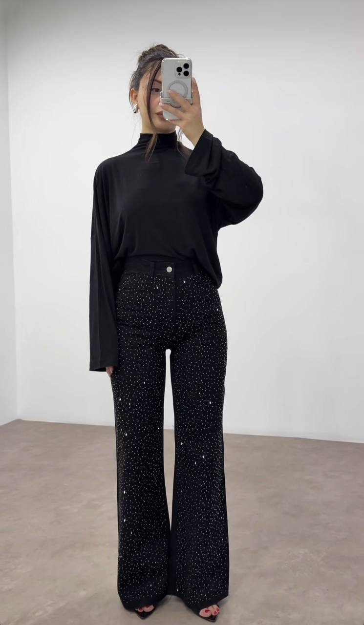 Siyah Yüksek Bel Komple Taşlı Bol Paça Pantolon