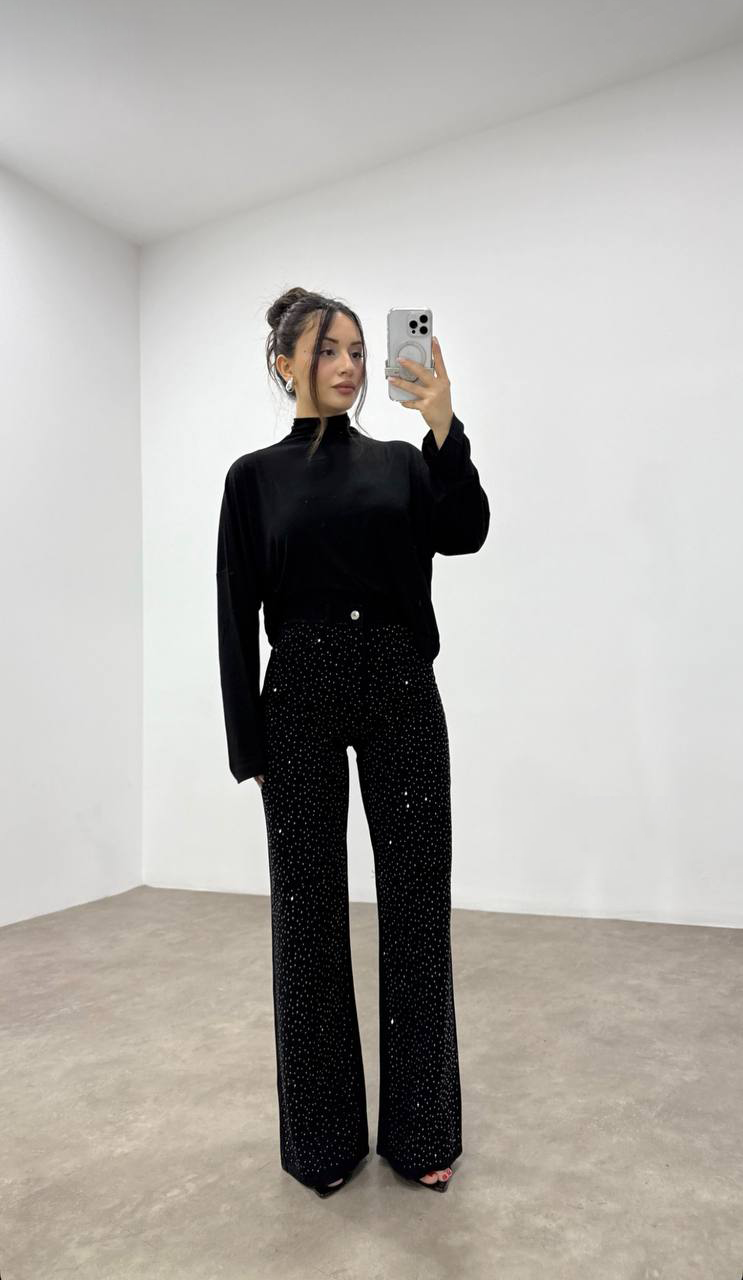 Siyah Yüksek Bel Komple Taşlı Bol Paça Pantolon