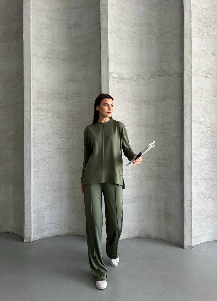 Haki Kadın İkili Takım - Orta Dikiş Detaylı Pantolon ve Bluz Seti