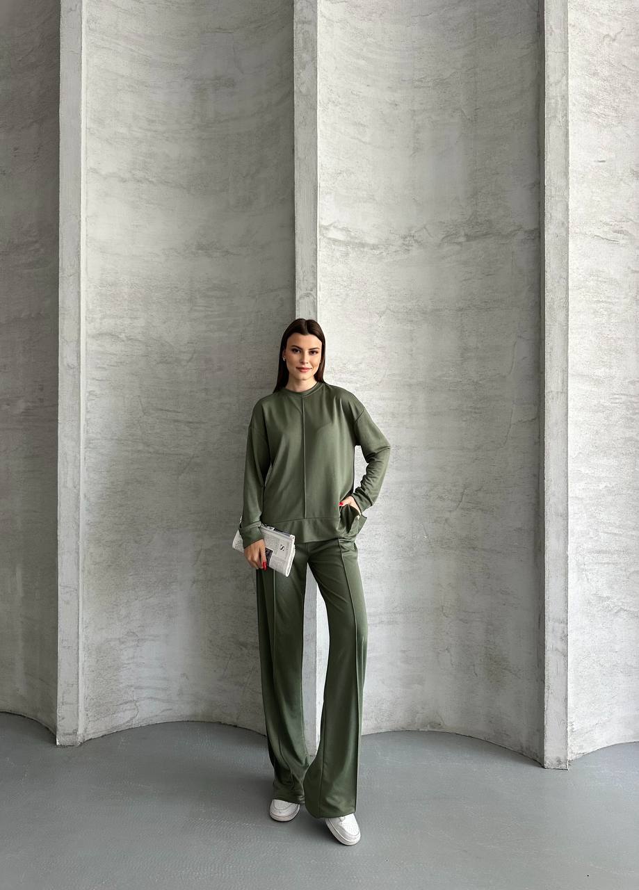 Haki Kadın İkili Takım - Orta Dikiş Detaylı Pantolon ve Bluz Seti