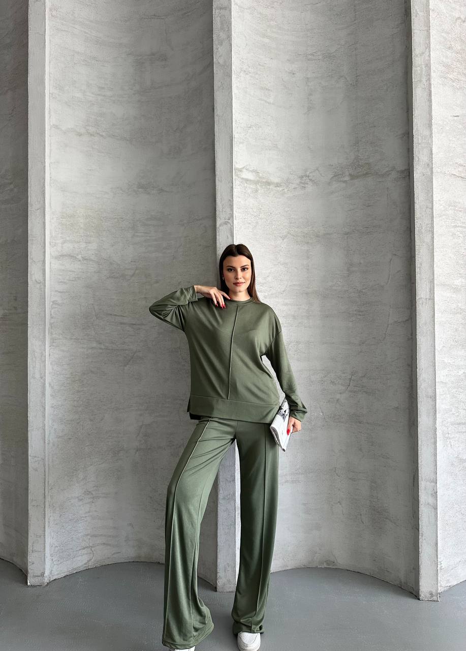 Haki Kadın İkili Takım - Orta Dikiş Detaylı Pantolon ve Bluz Seti