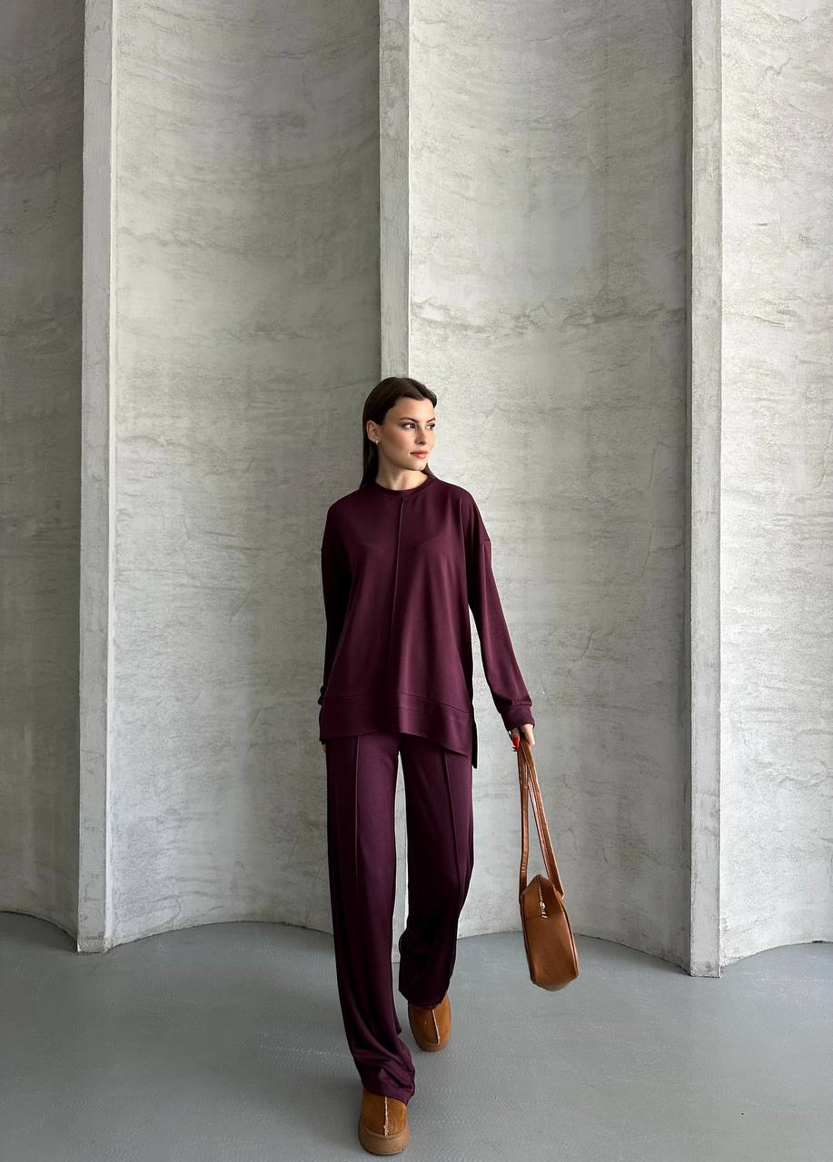 Mürdüm Önü Dikiş Detaylı Oversize Pantolon Tunik İkili Takım