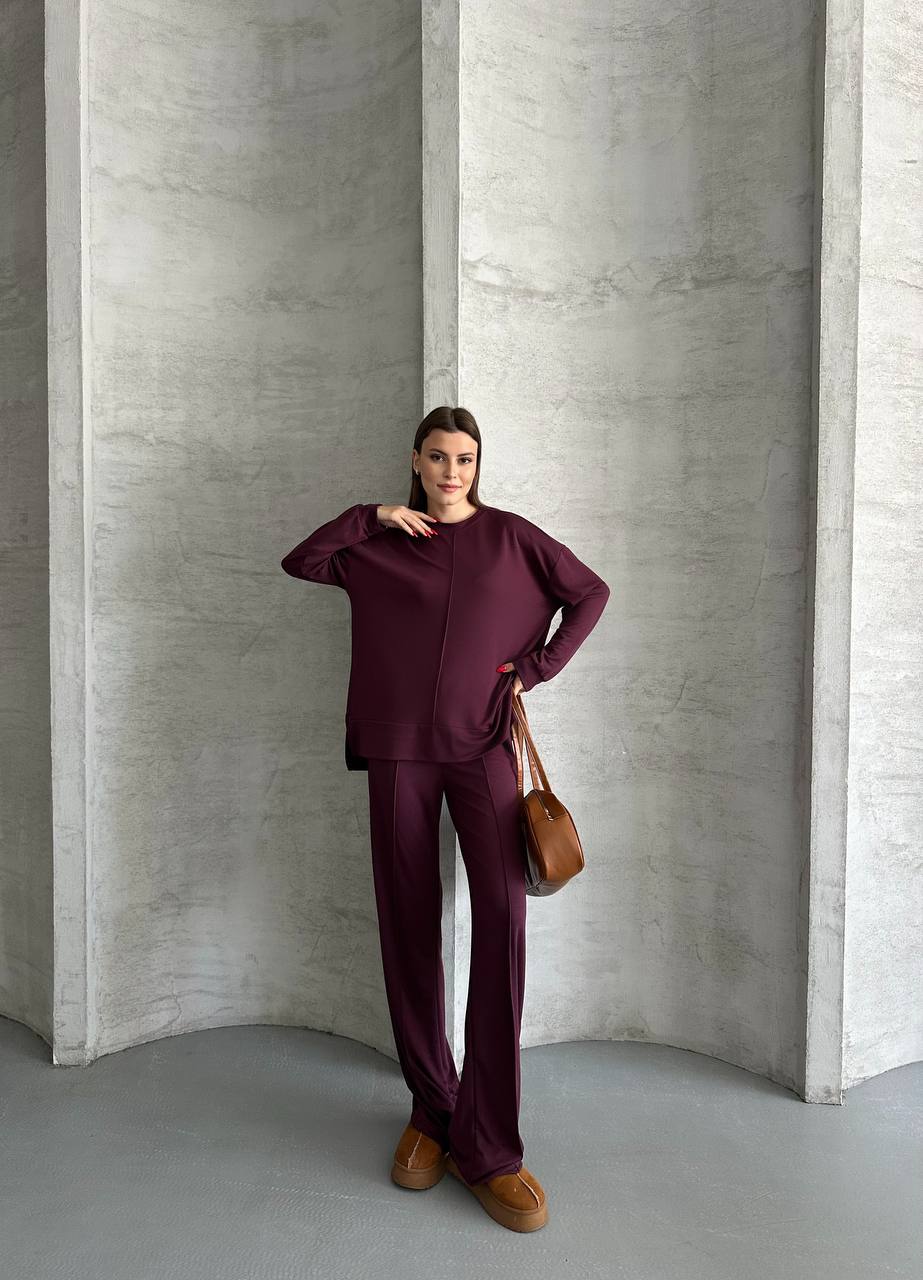 Mürdüm Önü Dikiş Detaylı Oversize Pantolon Tunik İkili Takım