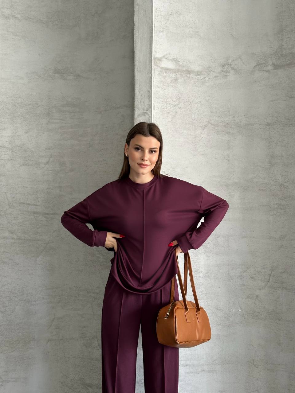 Mürdüm Önü Dikiş Detaylı Oversize Pantolon Tunik İkili Takım