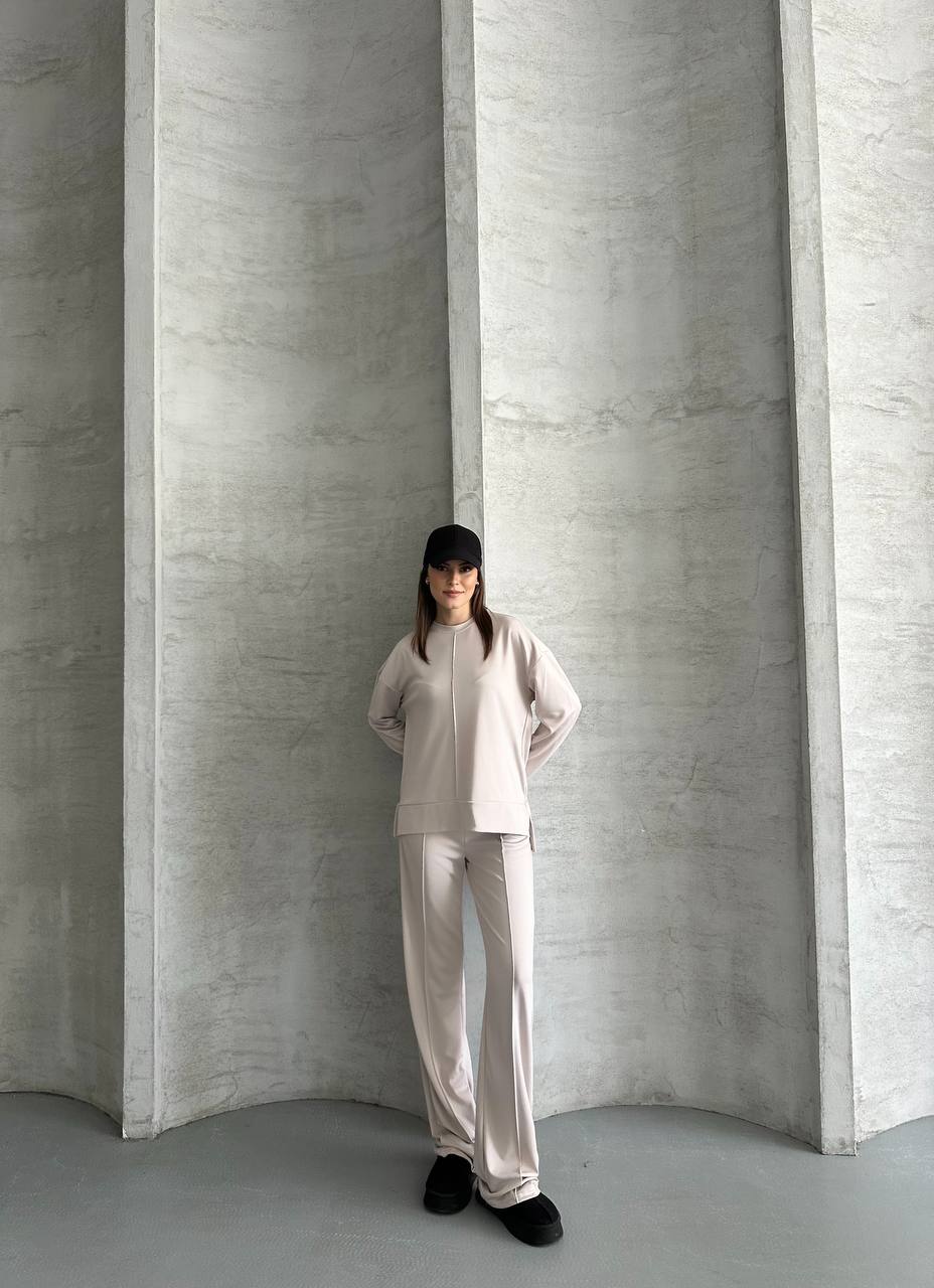 Taş Rengi Önü Dikiş Detaylı Oversize Pantolon Tunik İkili Takım