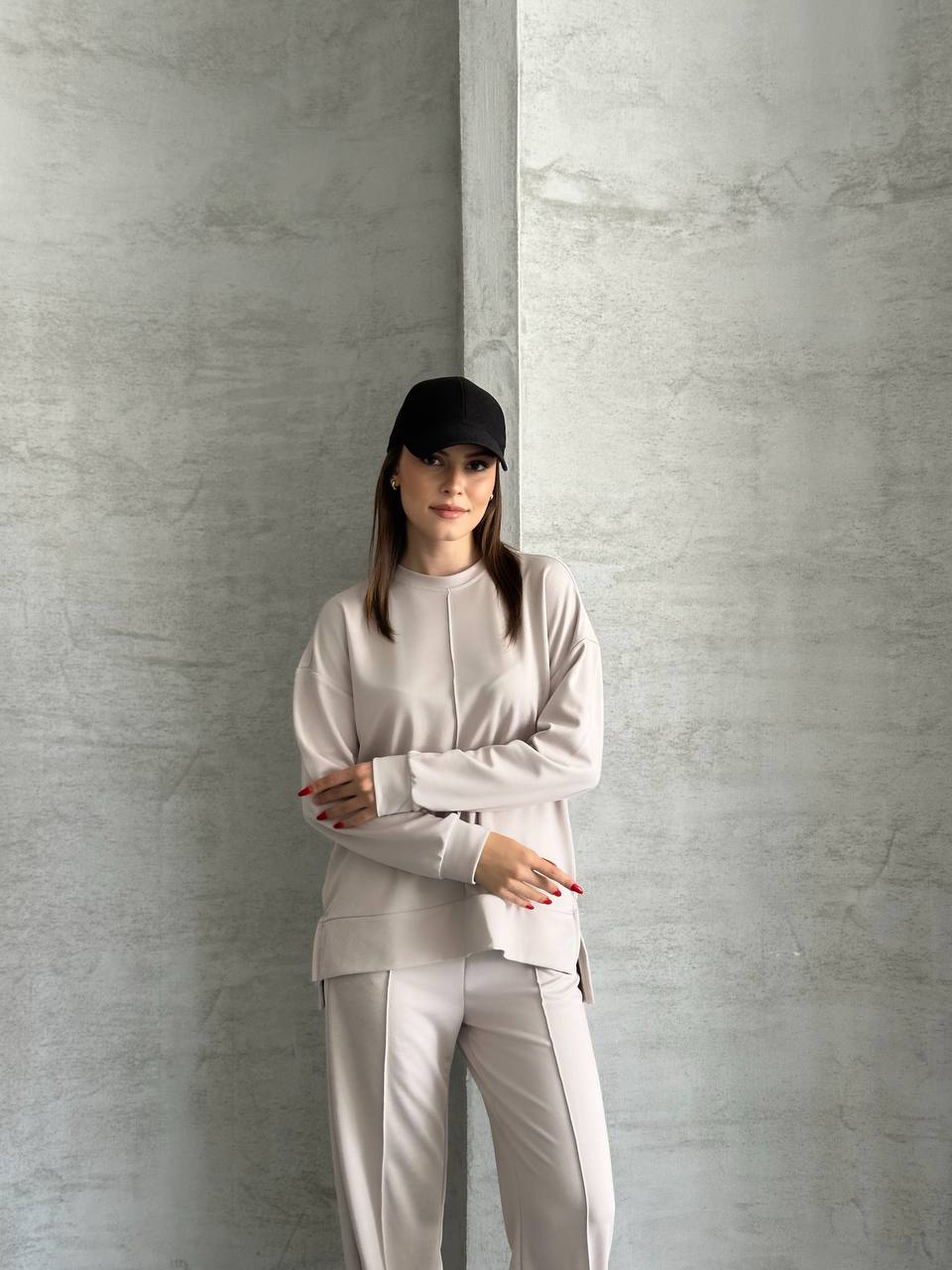 Taş Rengi Önü Dikiş Detaylı Oversize Pantolon Tunik İkili Takım