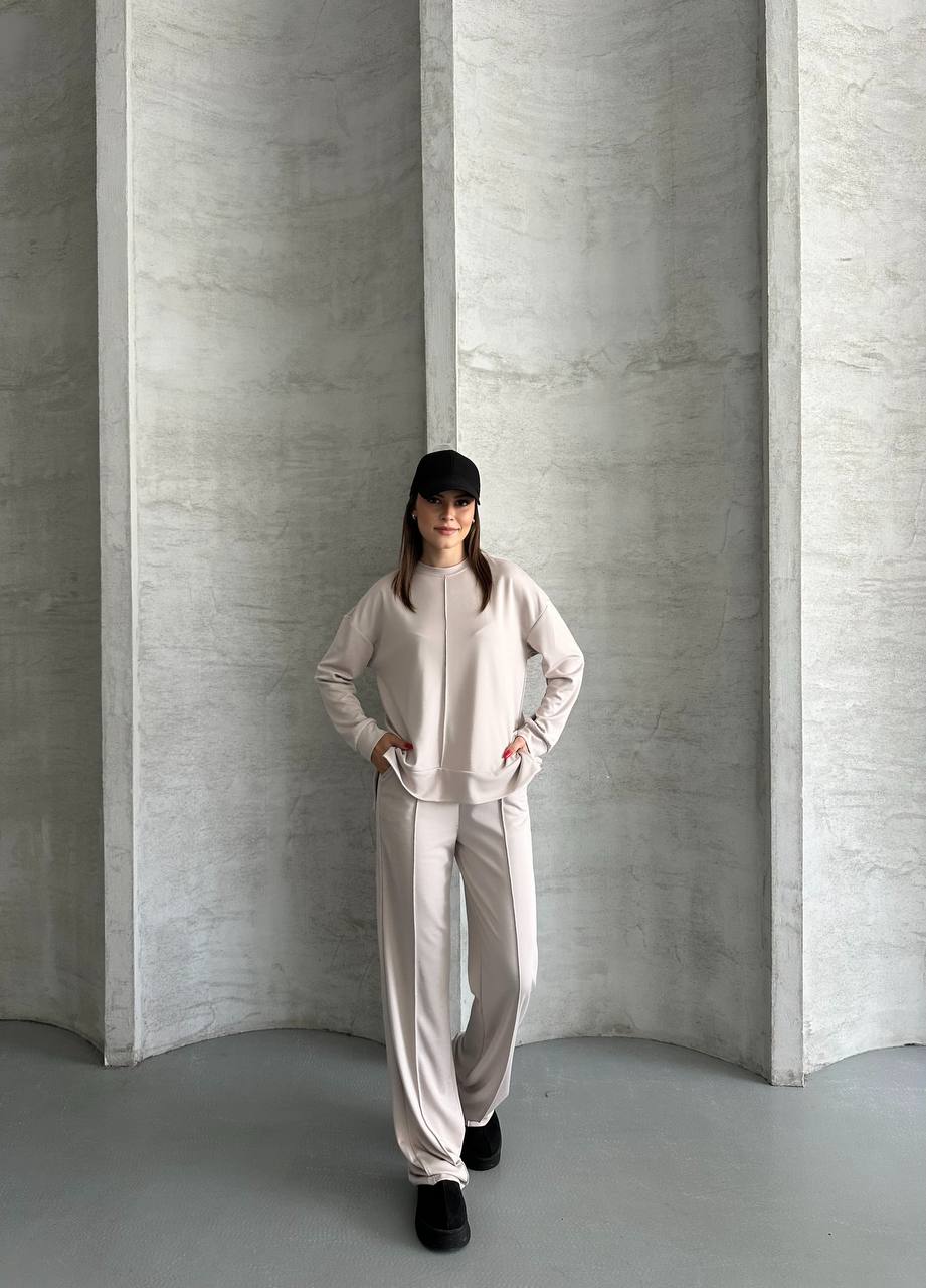 Taş Rengi Önü Dikiş Detaylı Oversize Pantolon Tunik İkili Takım