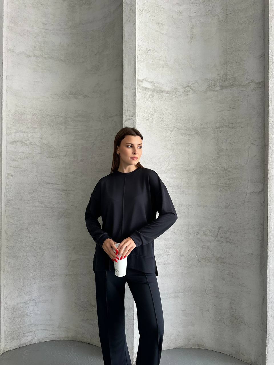 Siyah Önü Çıma Detaylı Oversize Pantolon Tunik İkili Takım