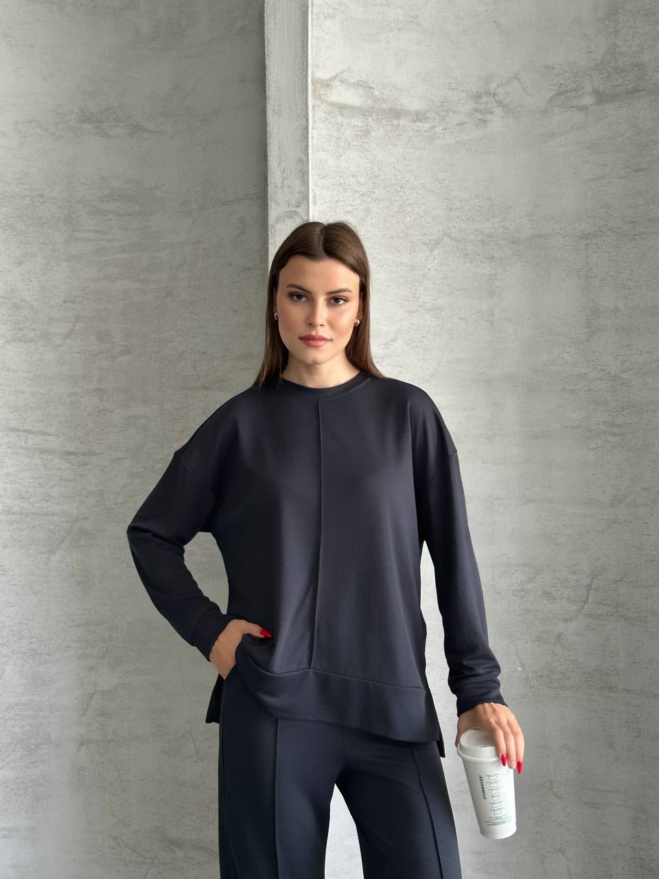 Siyah Önü Çıma Detaylı Oversize Pantolon Tunik İkili Takım