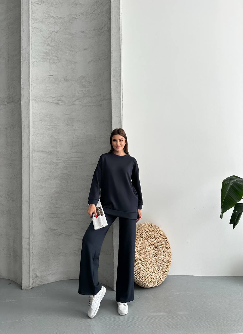 Siyah Önü Çıma Detaylı Oversize Pantolon Tunik İkili Takım