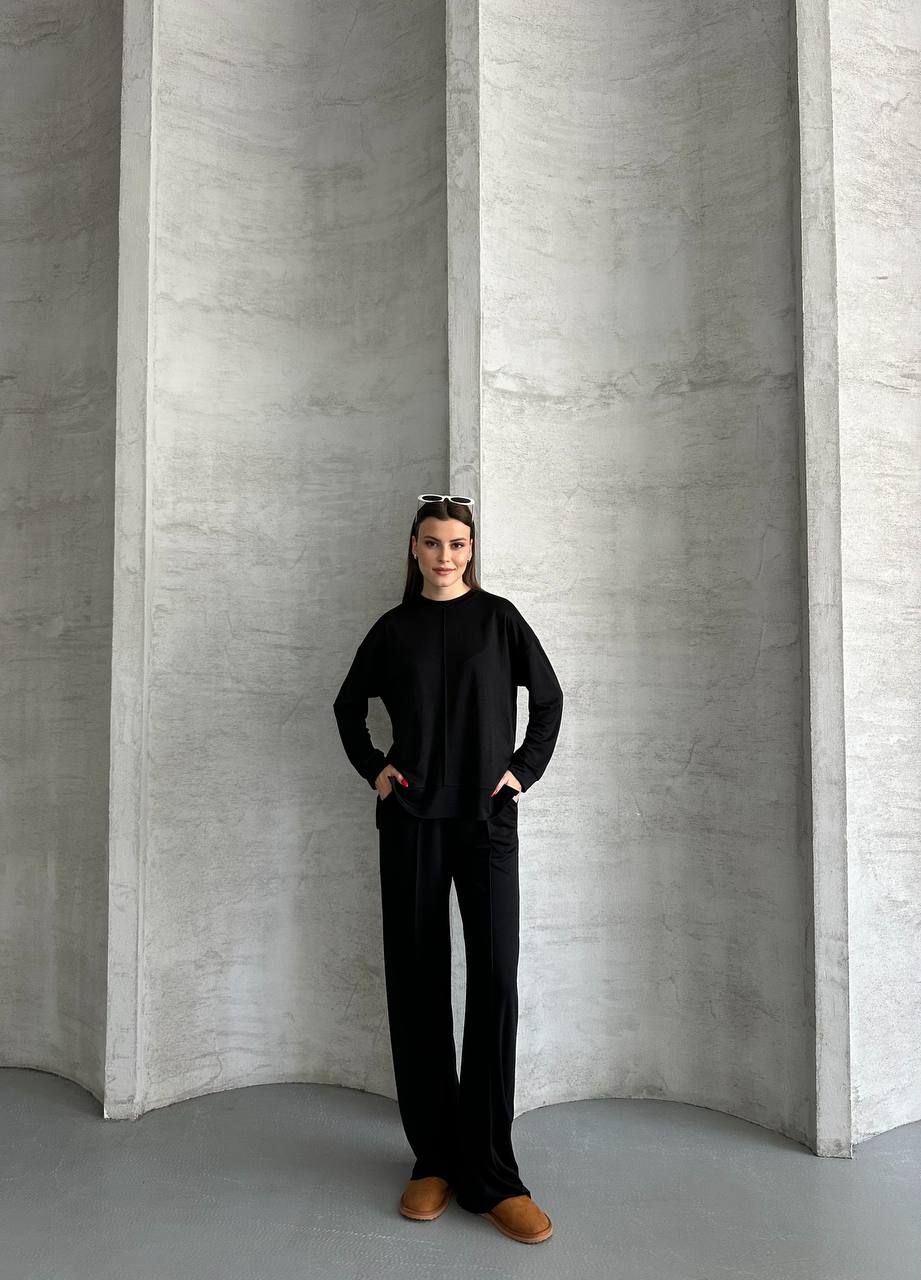 Siyah Önü Çıma Detaylı Oversize Pantolon Tunik İkili Takım