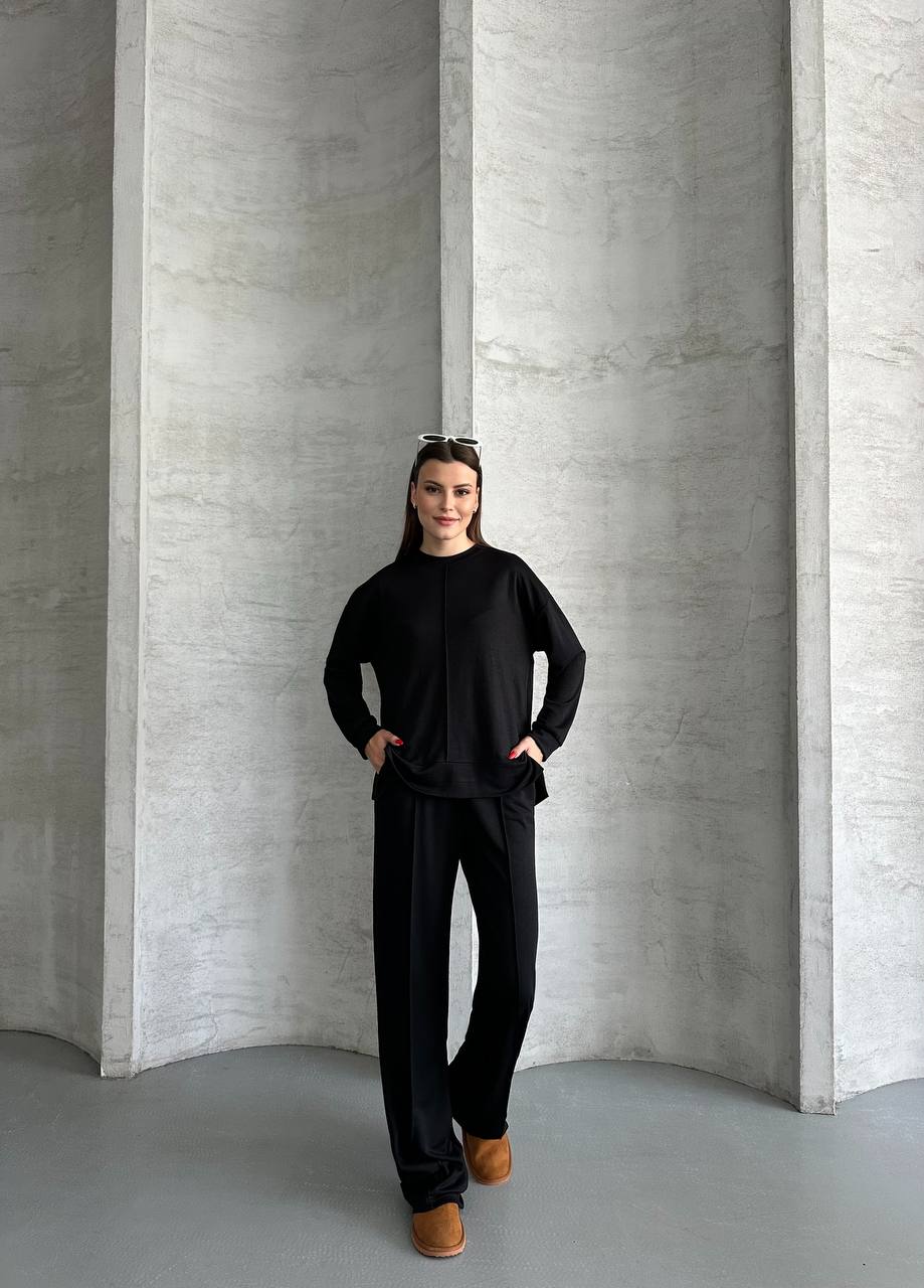 Siyah Önü Çıma Detaylı Oversize Pantolon Tunik İkili Takım