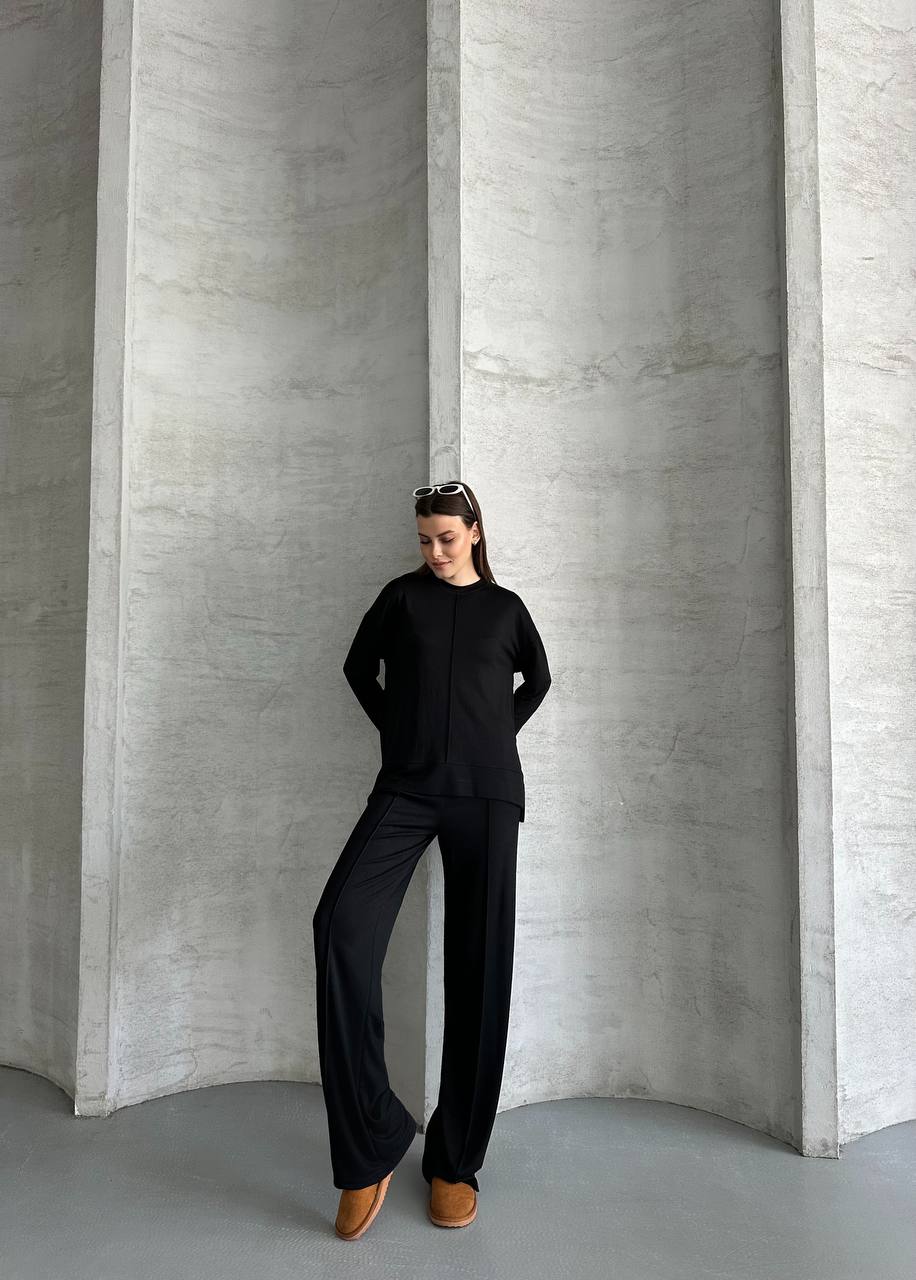 Siyah Önü Çıma Detaylı Oversize Pantolon Tunik İkili Takım