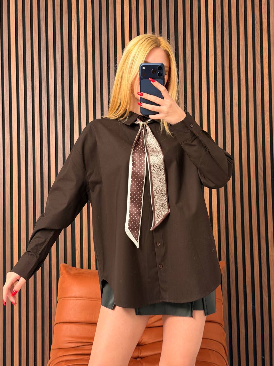 Twilly Detaylı Poplin Oversize Gömlek - Acı Kahve