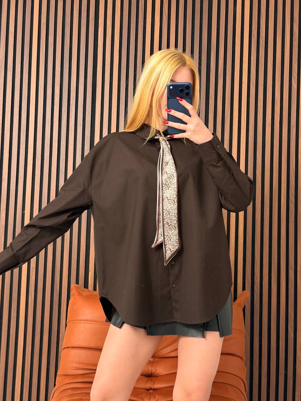 Twilly Detaylı Poplin Oversize Gömlek - Acı Kahve