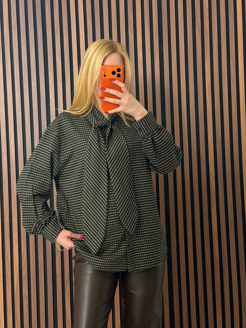 Fular Detaylı Pötikare Desenli Oversize Gömlek - Siyah/Haki