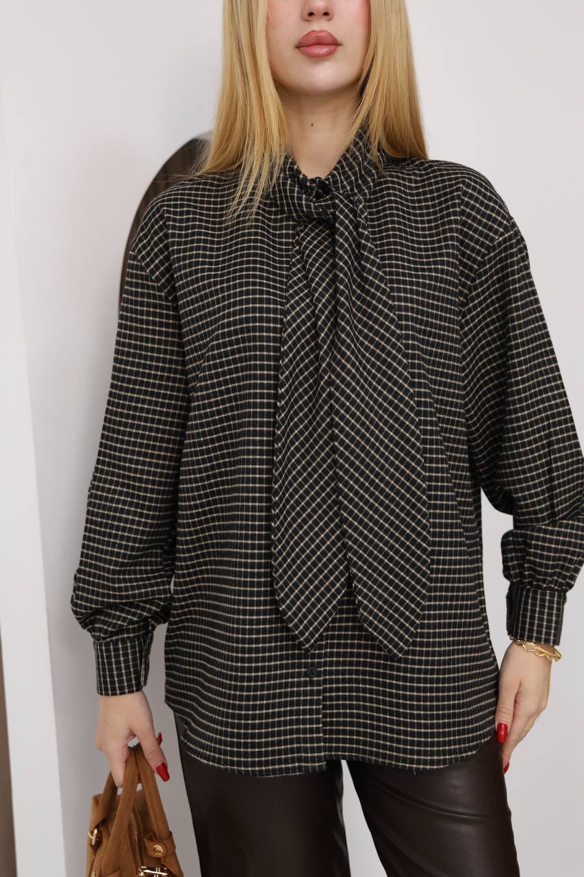 Fular Yaka Pötikare Desenli Tasarım Gömlek - Kahve/Siyah